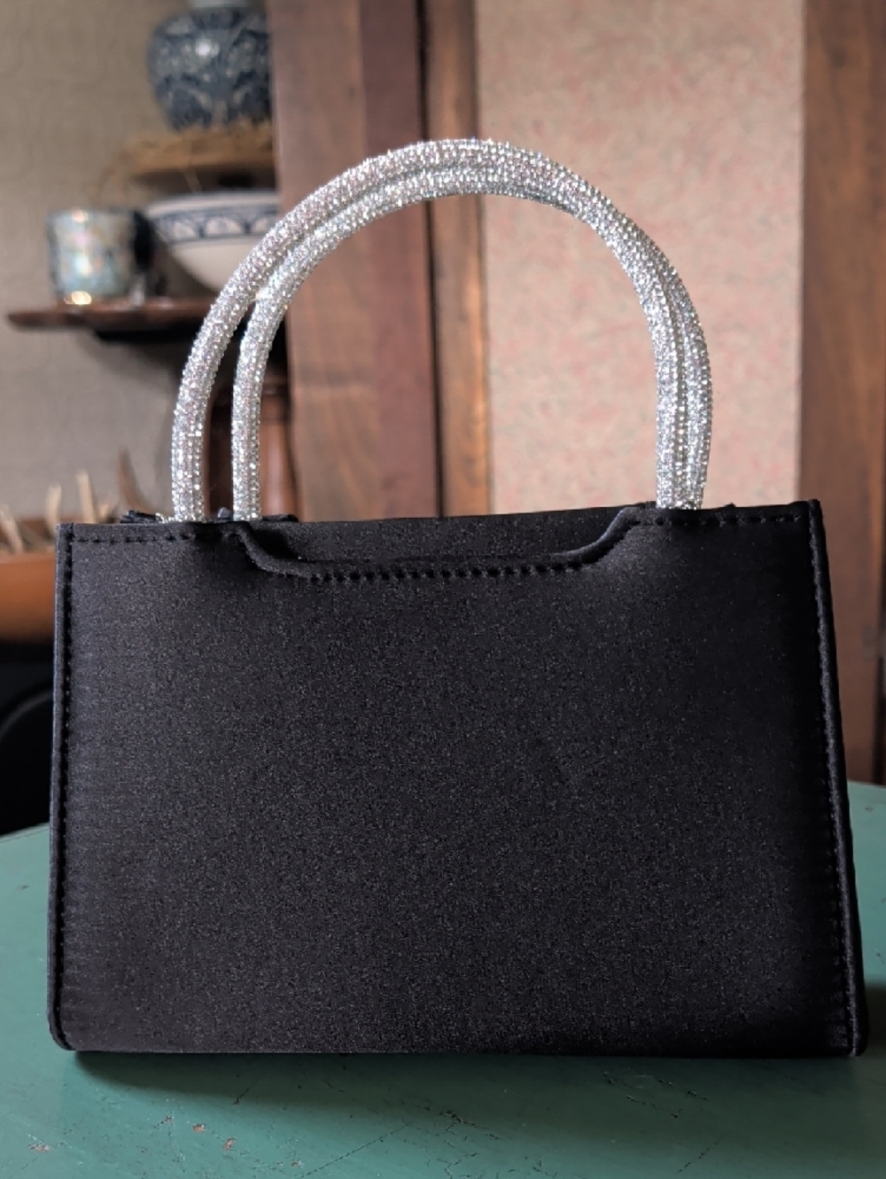Elegant Black Bow Satin Handbag with Rhinestone Handles Formal Prom Event - Picture 5 of 10